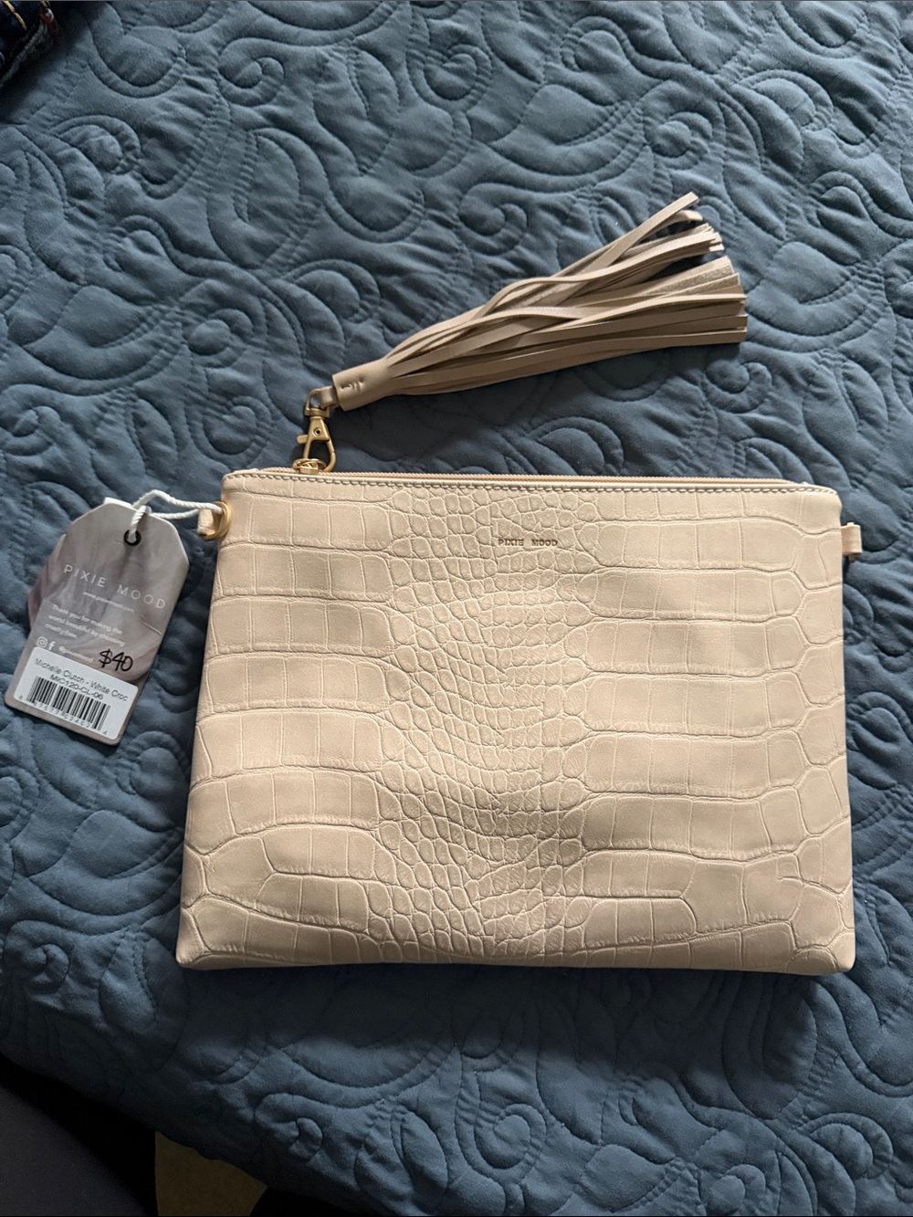 Pixie Mood Neutral Croc-Embossed Wristlet Clutch with Tassel